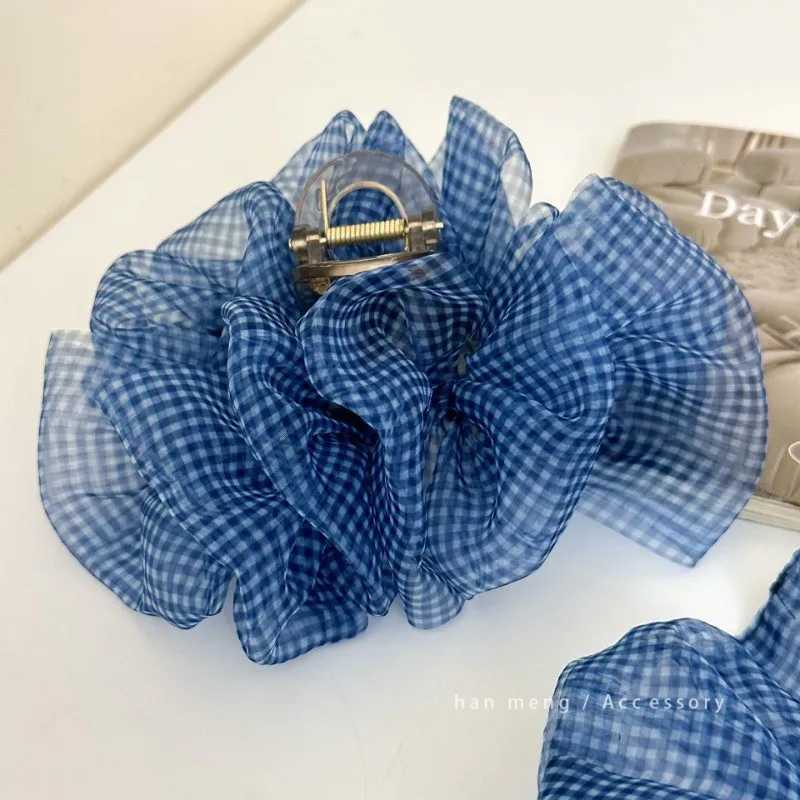 Plaid Blue Seersucker Hair Clip for Woman Elegant Temperament Shark Clip Fashion Girl Back of The Head Ponytail Clip Hair Clamp H260319
