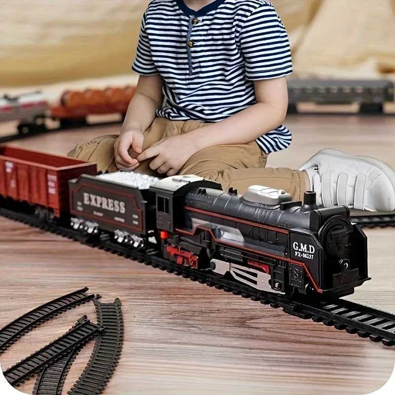 Kids Electric Train Set with Light-Up Tracks DIY Railway Model Toy Steam Locomotive Sounds Educational Playset for Boys Girls Y260319