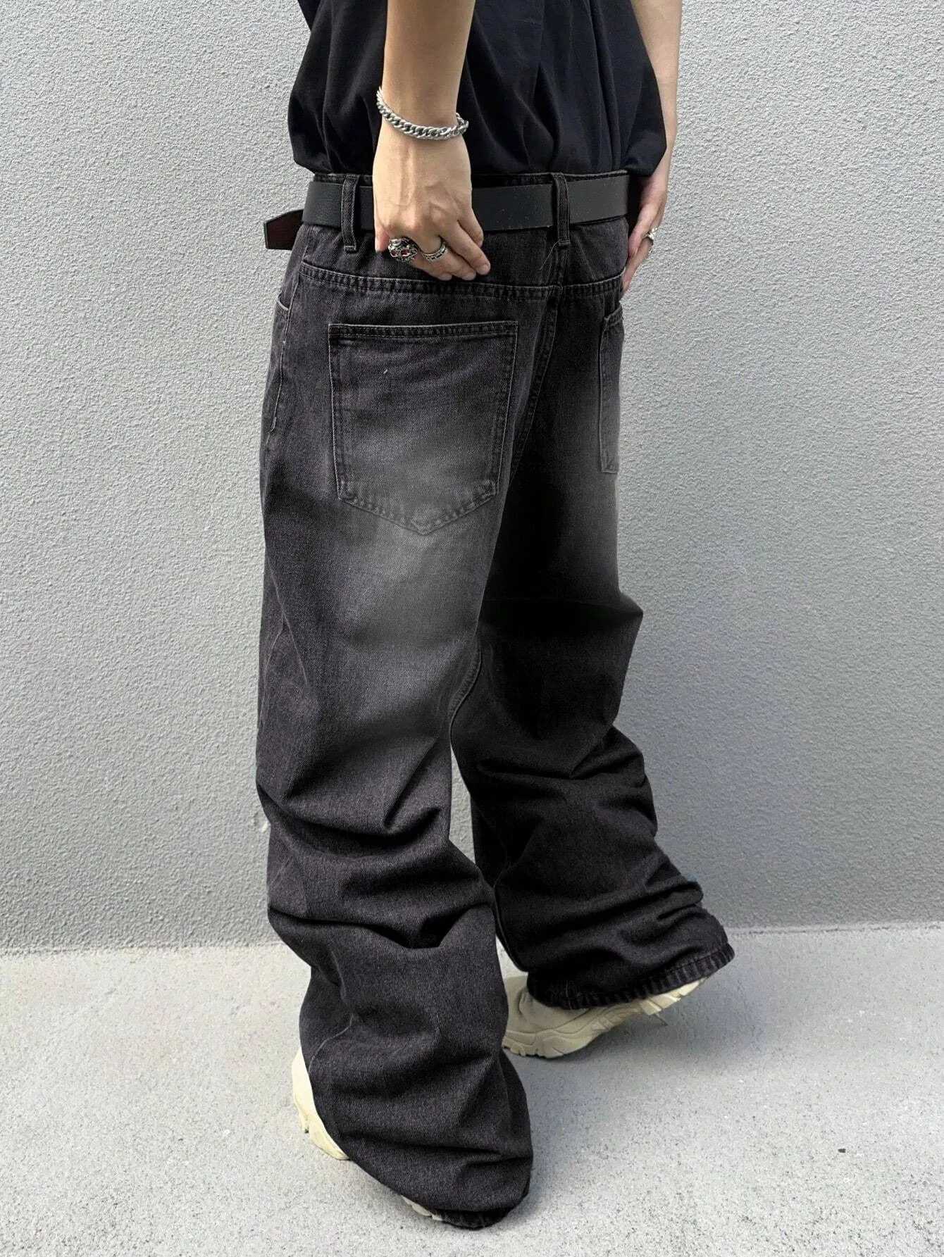 1Pc Mens Daily Travel Casual American Street Loose Jeans Black Light Blue Sea Blue Fashion Street Style Retro Lantern Jeans Denim Pants M260319