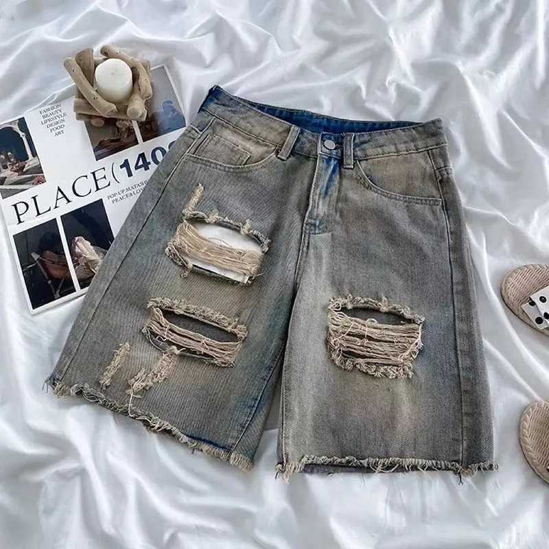 Summer Girls High Waist Baggy Cropped Jeans New Raw Edge Female Denim Pants Lady Chic Ripped Solid Denim Shorts M260319