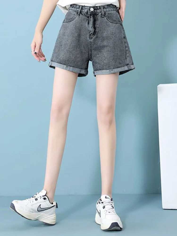 Summer 2024 New Women Rolled Edge Hot Denim Shorts Lady Korean Mini Pants Girls Elastic Blue Black Gray A Line Short Jeans M260319