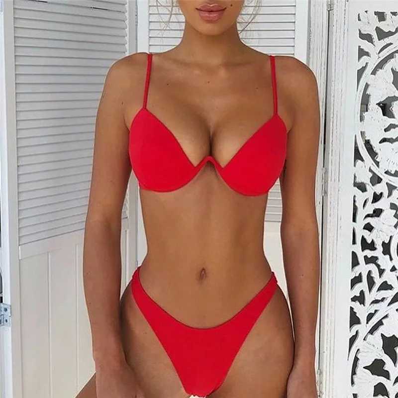 Bikini For Women Summer Solid Color Push Up Bandeau Bra Bandage Y2k Style Women Swimming SuitsT260318