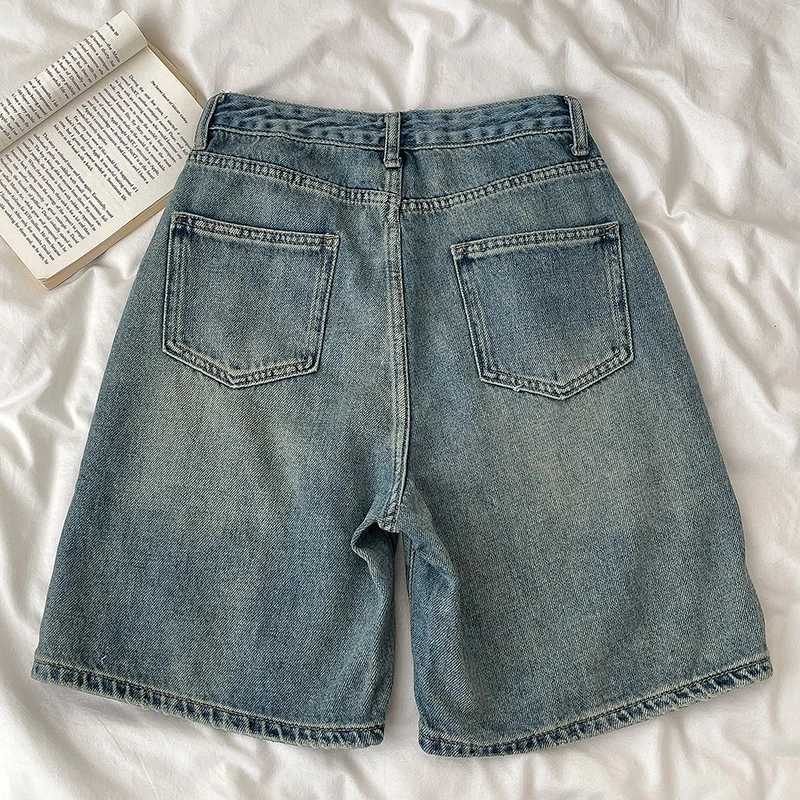Retro Denim Shorts Women Summer High Waist Loose Wide Leg Straight Short Pants Versatile Casual Half Pants Female Streetwear M260319