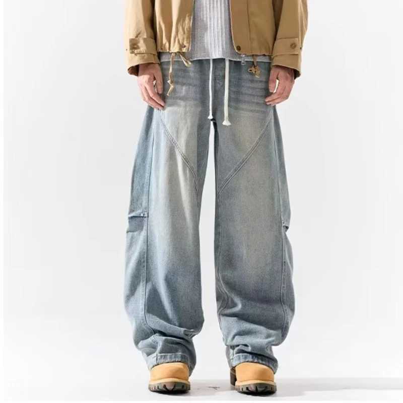 Men Fashion Retro Smoke Grey Elastic Waist Jeans Classic American Style Straight Leg Loose Male Denim Pants Wide Leg Trousers M260319