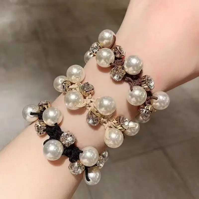 3Pcs Pearl Brimmed Hair Tie Glitter Rhinestone Decor Hair Rope Retro Style Scrunchies for Women H260319