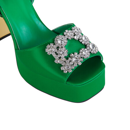 Chengdu Rhinestone Studded Square Toe Sandals 11cm Chunky Heel Open Side Evening Shoes