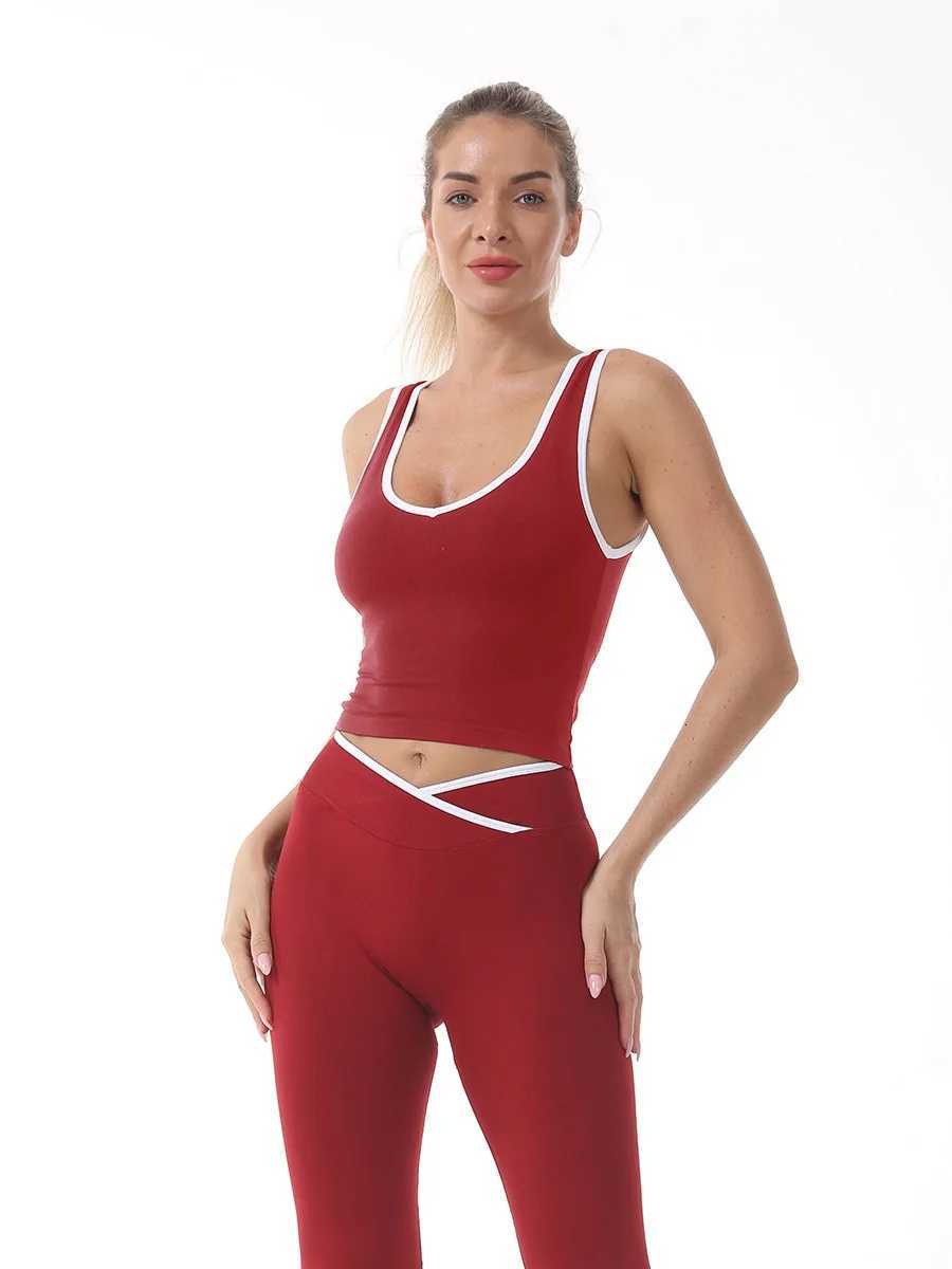 Color-blocking cross-waist yoga vest womens sports top with chest pads Z20260319