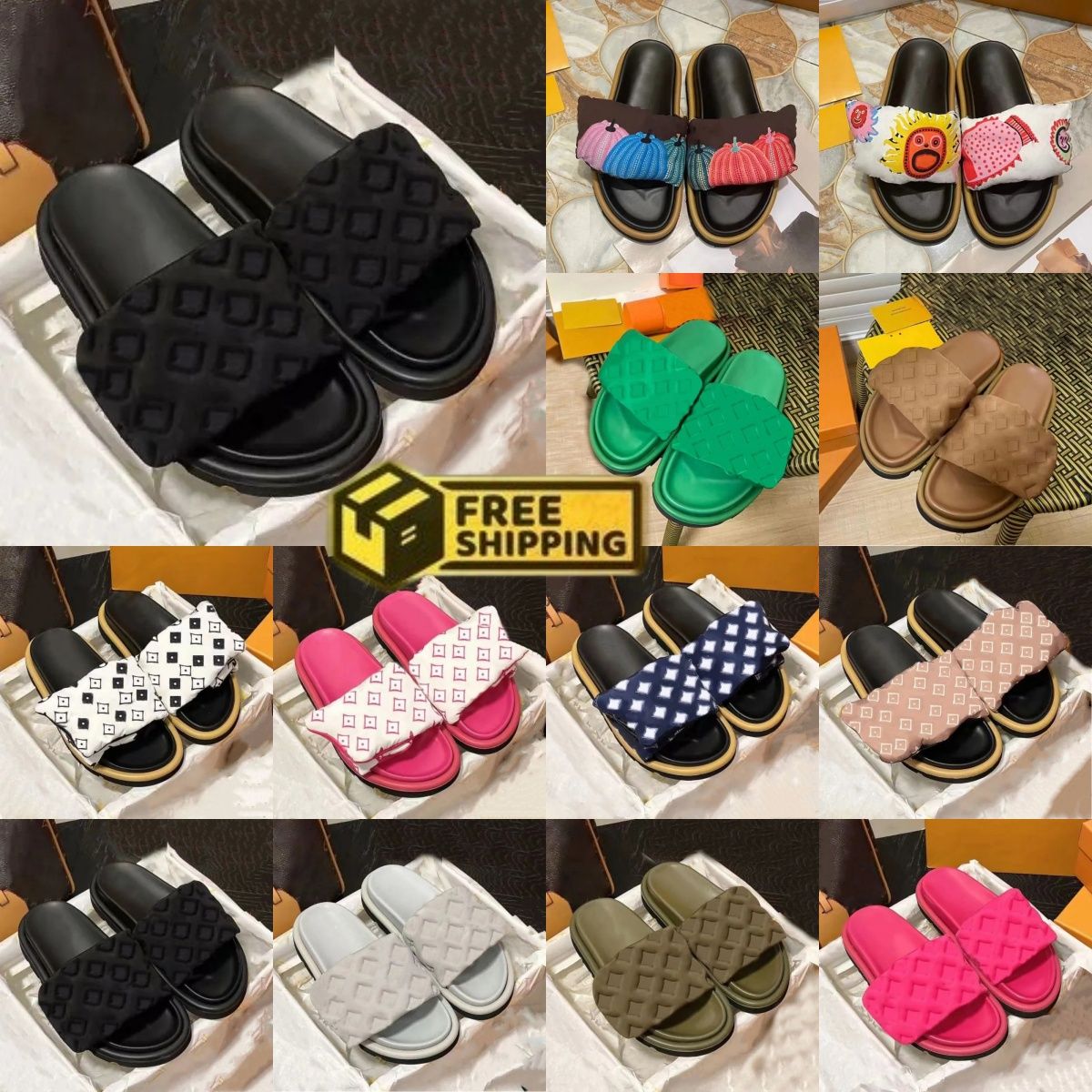 Free shipping Slippers Designer sandals Sliders Women Men Pool Pillow Flat Mules Slides Print Embossed Summer Sandals Beach Shoes 35-45