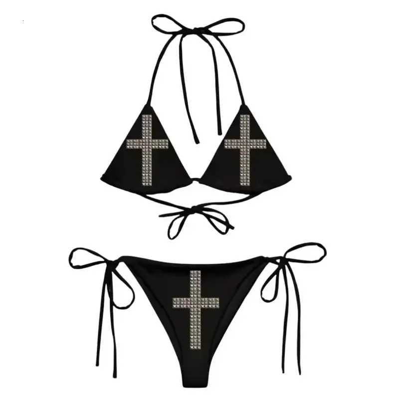 Summer Y2K Streetwear Cross Studded Bikini Set Women Halter Triangle Top Tie Side Bottom Two Piece Swimsuit Bathing SuitT260318