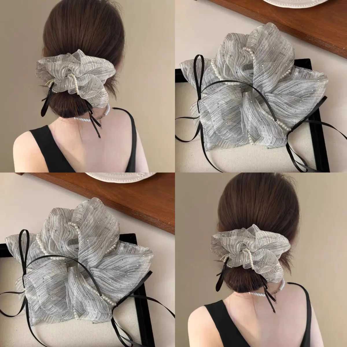 1PC Bowknot Beaded Tulle Scrunchie - Womens High-end Hair Rope Sweet and Elegant Hair-tie Elastic Band H260319