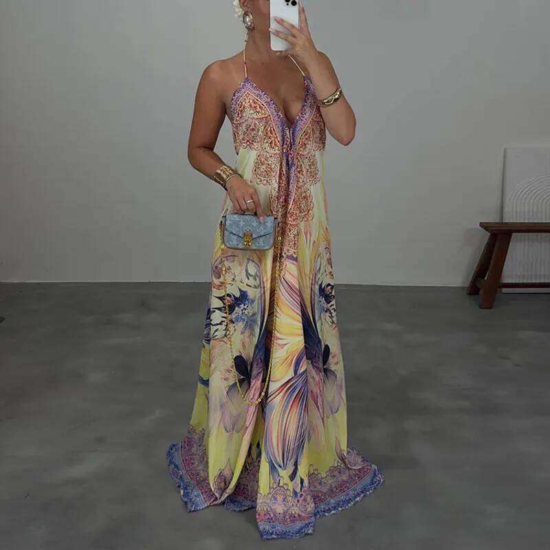 Summer New Deep V Neck Hollow Camisole Woman Fashion Print Loose Swing Long Sexy Lace Up Backless Boho Dress Vestido