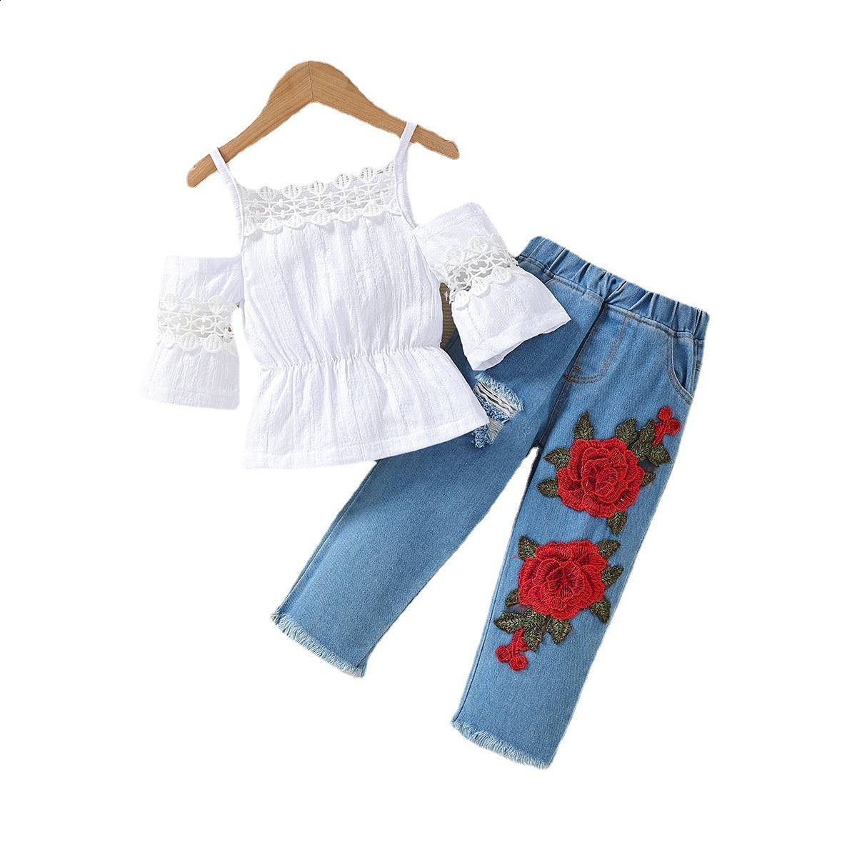 Samgami Baby Summer Girls Outfit Hollow Strap Top Embroidered Jeans Fashion Two-Piece Set 220909