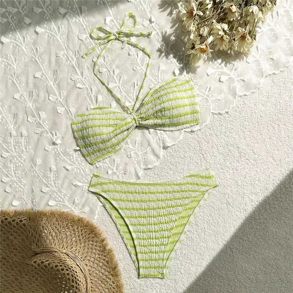 Striped Print String Halter Bandeau Bikinis Sets 2025 Sexy Swimsuit Women Ruched Swimwear Bathing Suit Brazilian Bikini MujerT260318