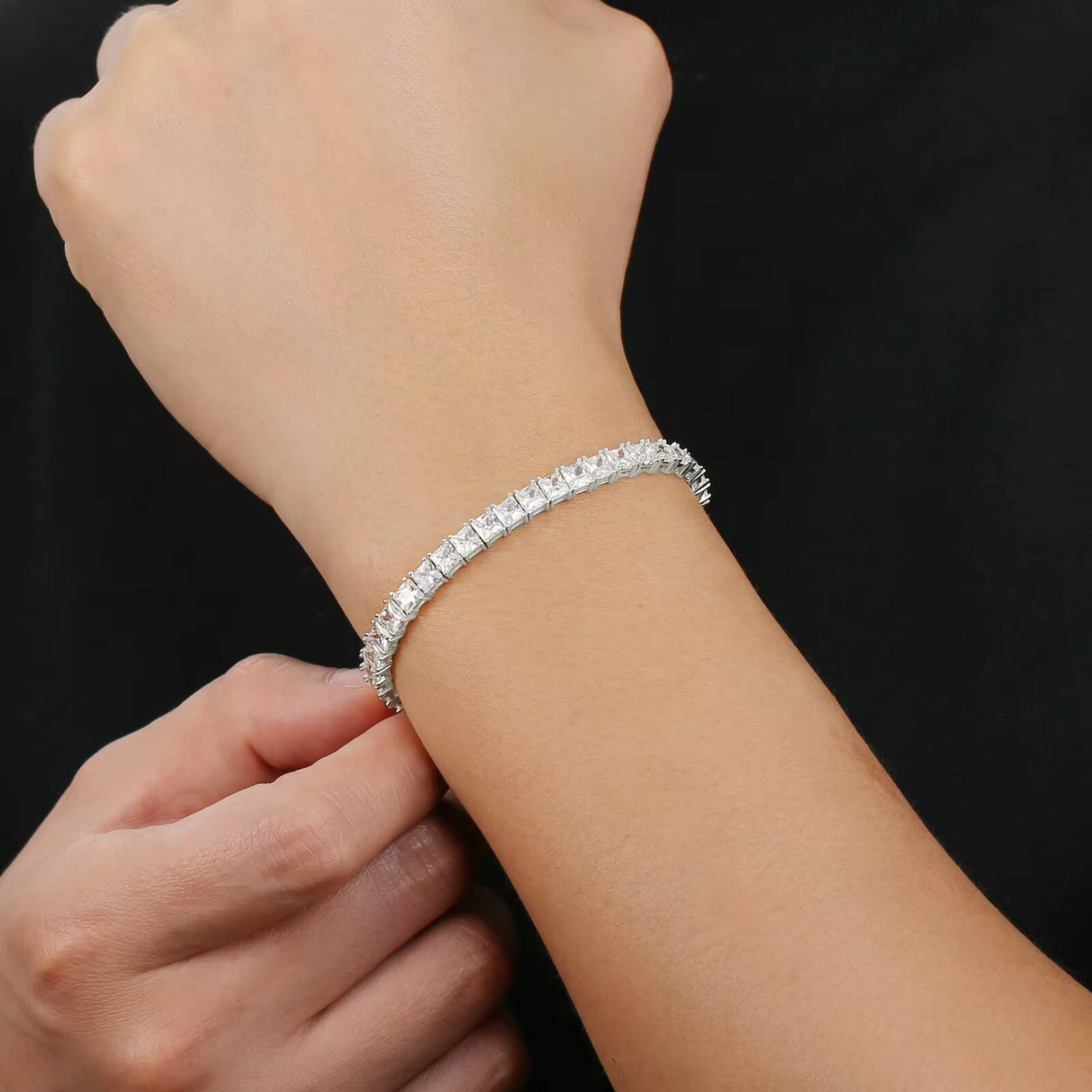 Iced Out Square Diamond Hand Chain 925 Sterling Silver Cubic Zirconia Classic Princess Cut Womens Tennis Bracelets for Men