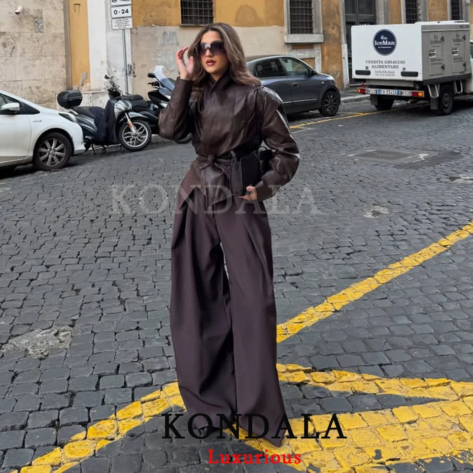 KONDALA Casual Chic Wide Leg Pants Women Office Lady Pockets Pleated Long Trousers Fashion 2026 Spring Summer Streetwear Pants 260317
