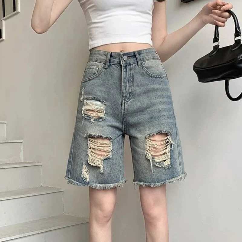 Summer Girls High Waist Baggy Cropped Jeans New Raw Edge Female Denim Pants Lady Chic Ripped Solid Denim Shorts M260319