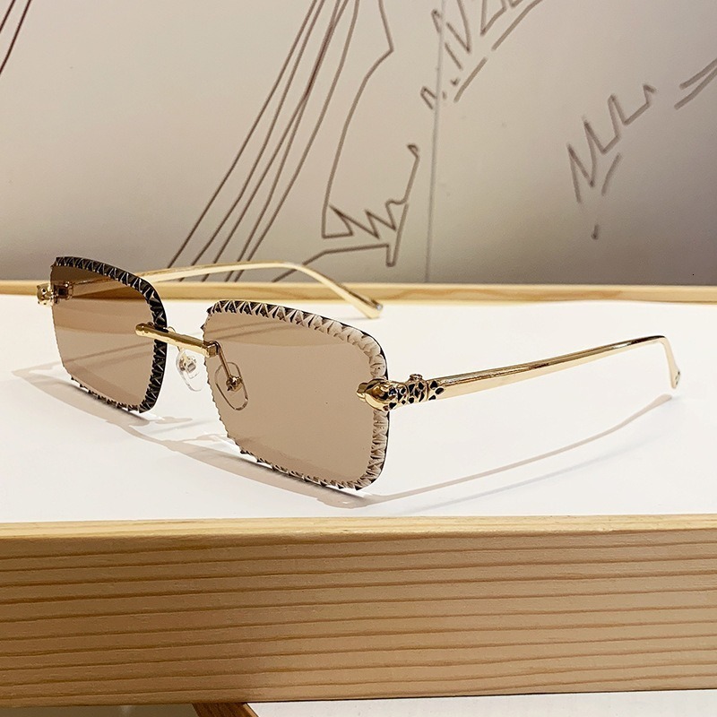 Brand Designer European And American New Leopard Head Frameless Sunglasses For Women, Light Luxury Style, Metal Square Floral Lens Fashion Sun