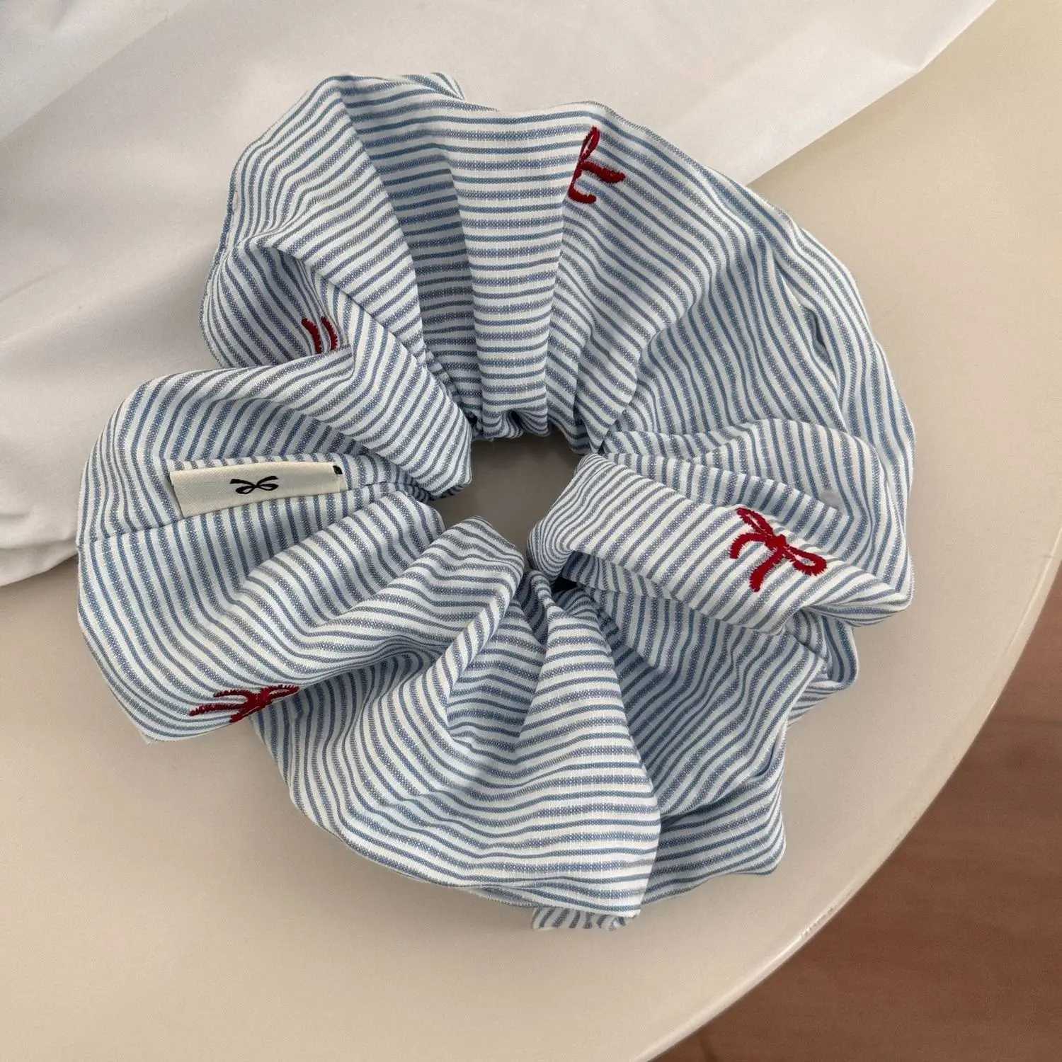 YHJ 2pcs Korean Delicate Style Blue Striped Red Bow Cherry Scrunchie Hair Tie Ponytail Hair Rope Fashionable Hair Accessories H260319