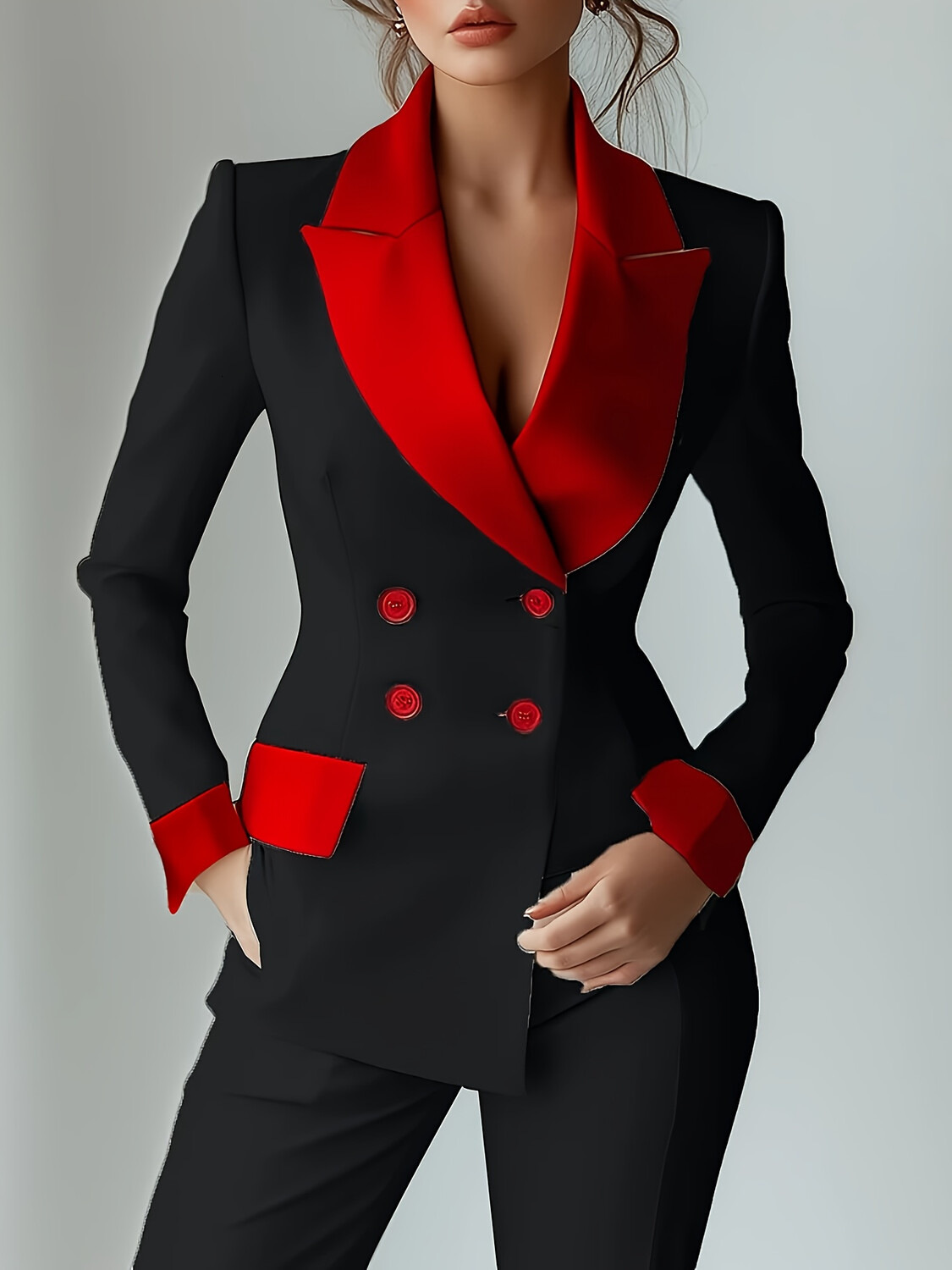 2025 European American Women's Clothing Designer Long-Sleeve Buttoned Blazer with Collar and Patch Pockets - view 4