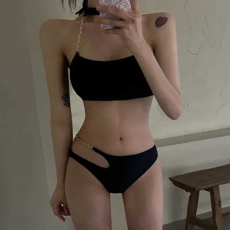 Womens Black Chain Bikini Set Sexy Halter Neck Asymmetric Swimwear for Beach Vacation Fashion Triangl Swimsuit with Unique CutT260318