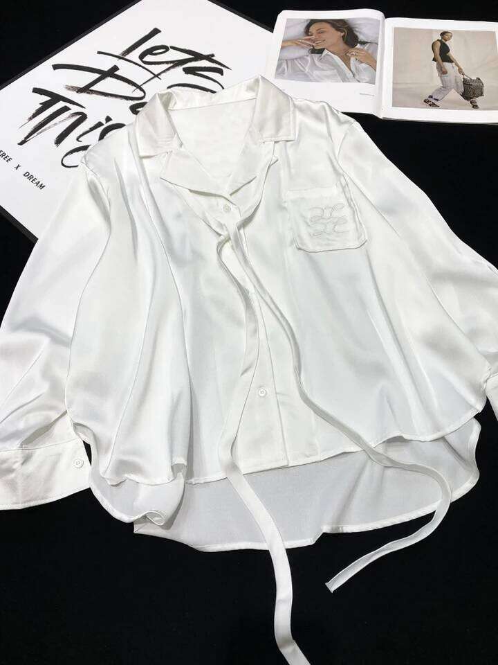 Luxury Oversized Loose Silk Satin Elegant Blouses Shirts Embroidered Designer Fashion Women Tops Trend Black Gray White Korean Style