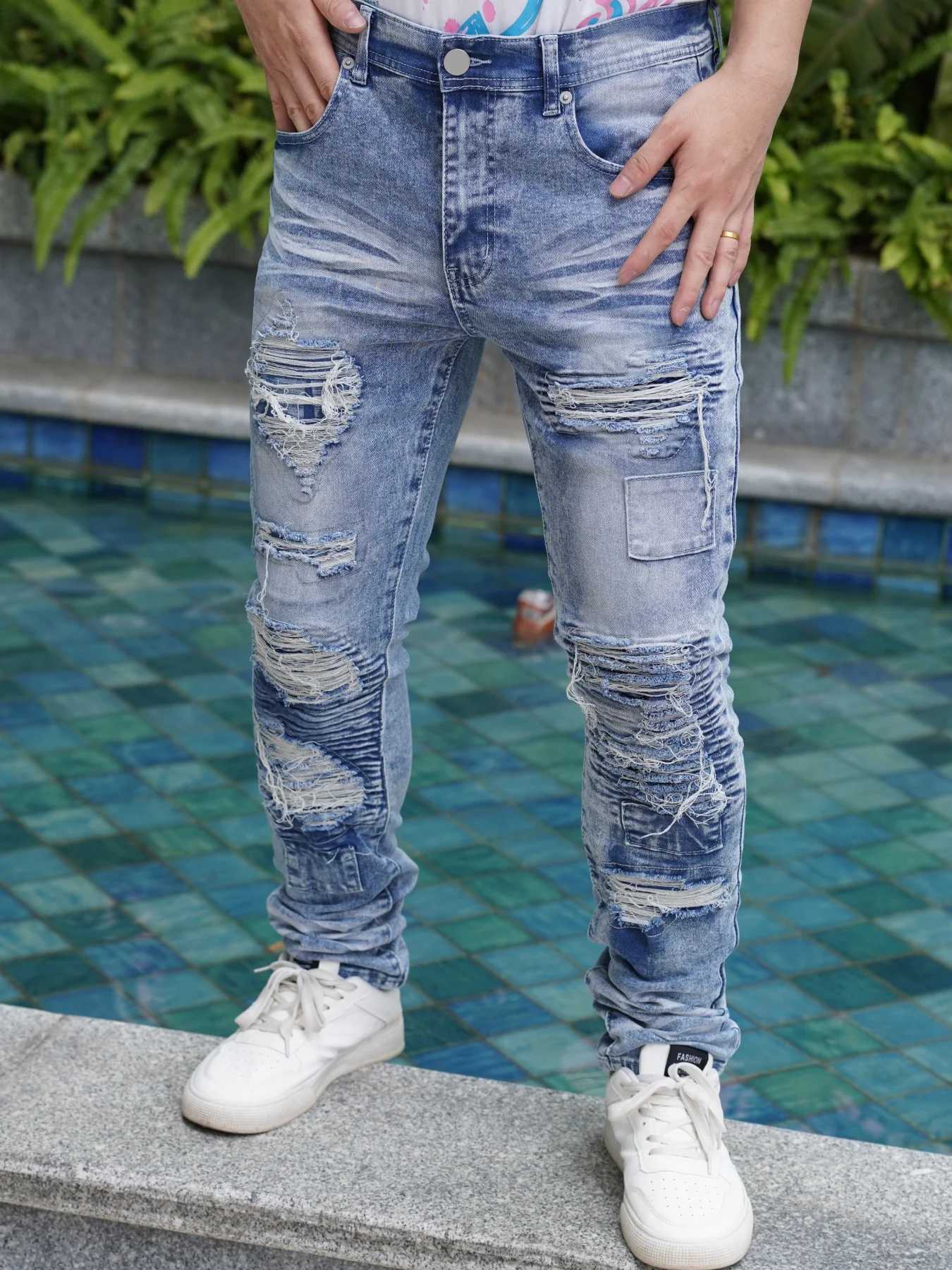 MenS Wide Leg Jeans Distressed And Patched Style New Arrivals For Summer Breathable And Cool Promotion With Free Shipping M260319