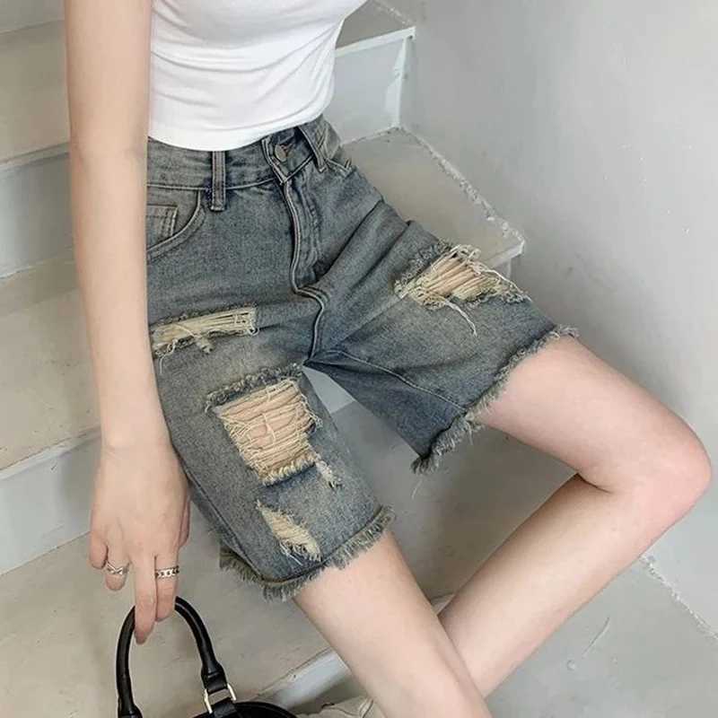 Summer Girls High Waist Baggy Cropped Jeans New Raw Edge Female Denim Pants Lady Chic Ripped Solid Denim Shorts M260319