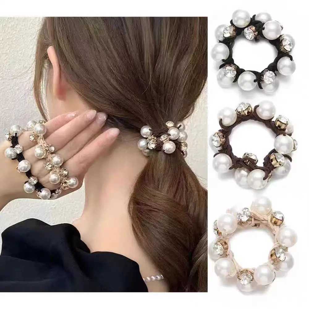 3Pcs Pearl Brimmed Hair Tie Glitter Rhinestone Decor Hair Rope Retro Style Scrunchies for Women H260319