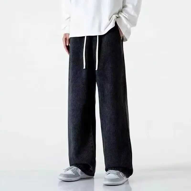 Mens Winter Fleece Loose Jeans Elastic Waist Wide Leg Y2K Denim Pants Straight Comfortable Brand Mens Clothing M260319