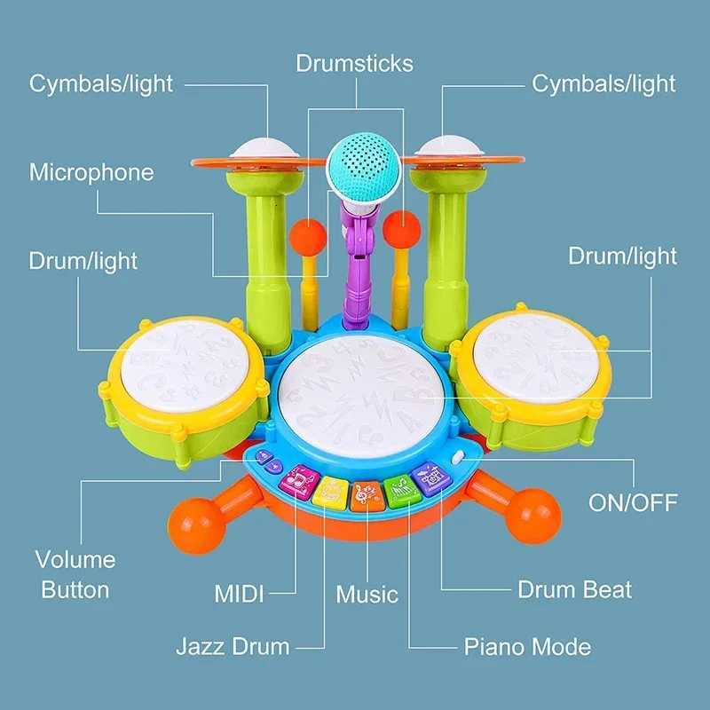 Jazz Drum Toy Plastic Musical Instrument Electronic Organ Drum Set Music Kids Toys with Microphone Light Childrens Day Gifts Y260319