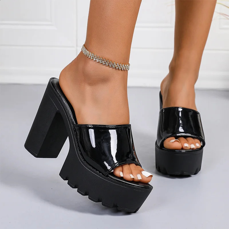 Fashion Patent Leather Super High Heels Sandals for Women Thick Sole Chunky Platform Slippers Plus Size Comfort Non Slip Shoes 260316