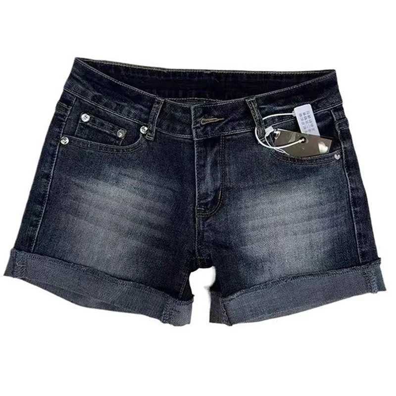 Summer Sexy Low Rise Hip Covering Hot Pants Women American Distressed Washed Jean Short Retro Roll Up Hem Deep Blue Denim Shorts M260319