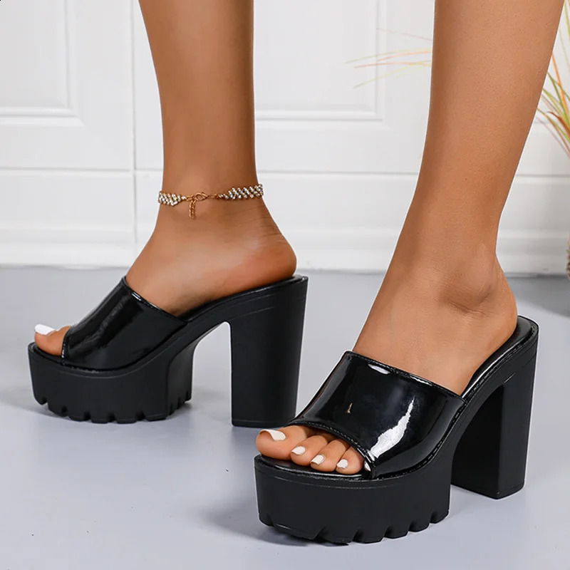 Fashion Patent Leather Super High Heels Sandals for Women Thick Sole Chunky Platform Slippers Plus Size Comfort Non Slip Shoes 260316
