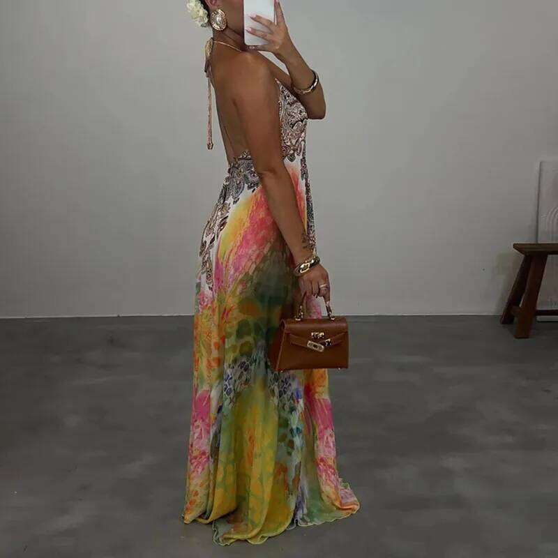 Summer New Deep V Neck Hollow Camisole Woman Fashion Print Loose Swing Long Sexy Lace Up Backless Boho Dress Vestido