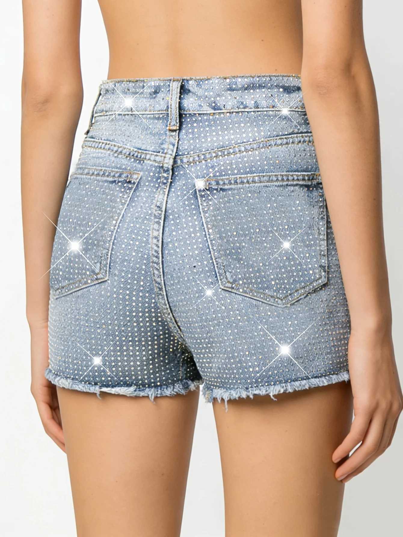 Shorts Female Jeans Women Jeans Shorts Distressed Denim Blue Stretch Elegant Fashion Crystal Embellished M260319