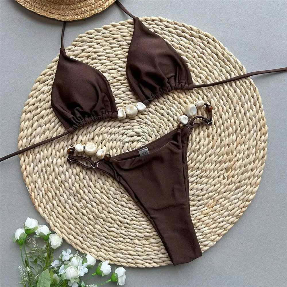 Solid Green Swimwears Sexy Halter Triangle Bead String Bikini Mini Micro Thong Swimsuit Woman 2026 Summer Brazilian Bikinis SetsT260318