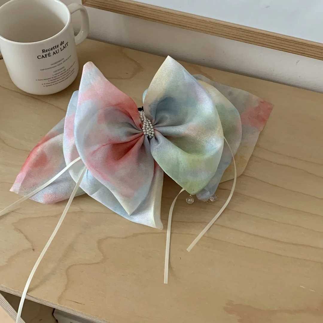 Girls Scrunchies Korean Version Rainbow Pearl Large Hair Band Sweet Style Hair Tie Pleated Twisted Hair Band Bow Cute Hair Clip H260319