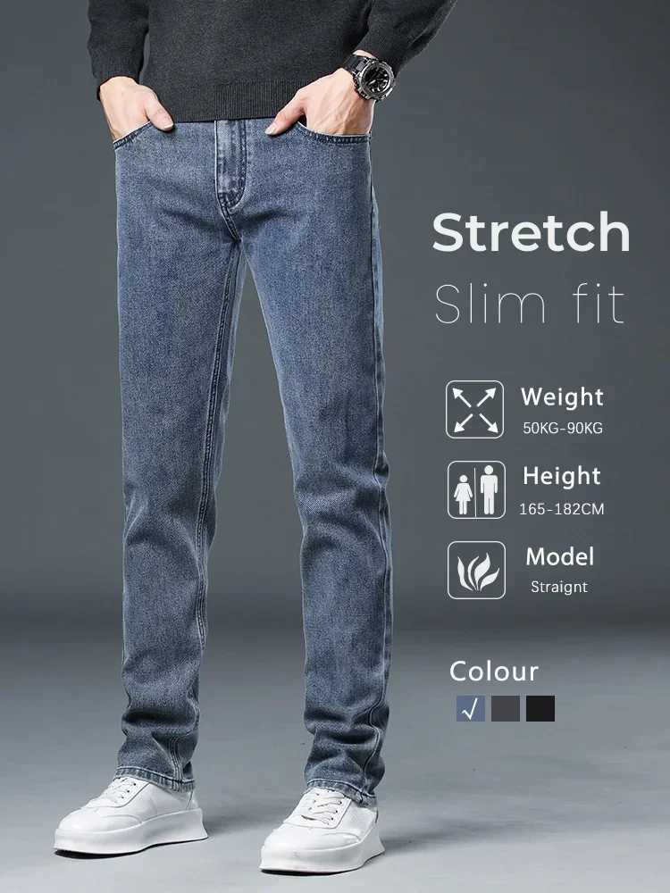 2025 New Autumn Mens Stretch Slim Jeans Straight Leg Casual Denim Trousers Male Business Classic Blue Gray BlaCK M260319