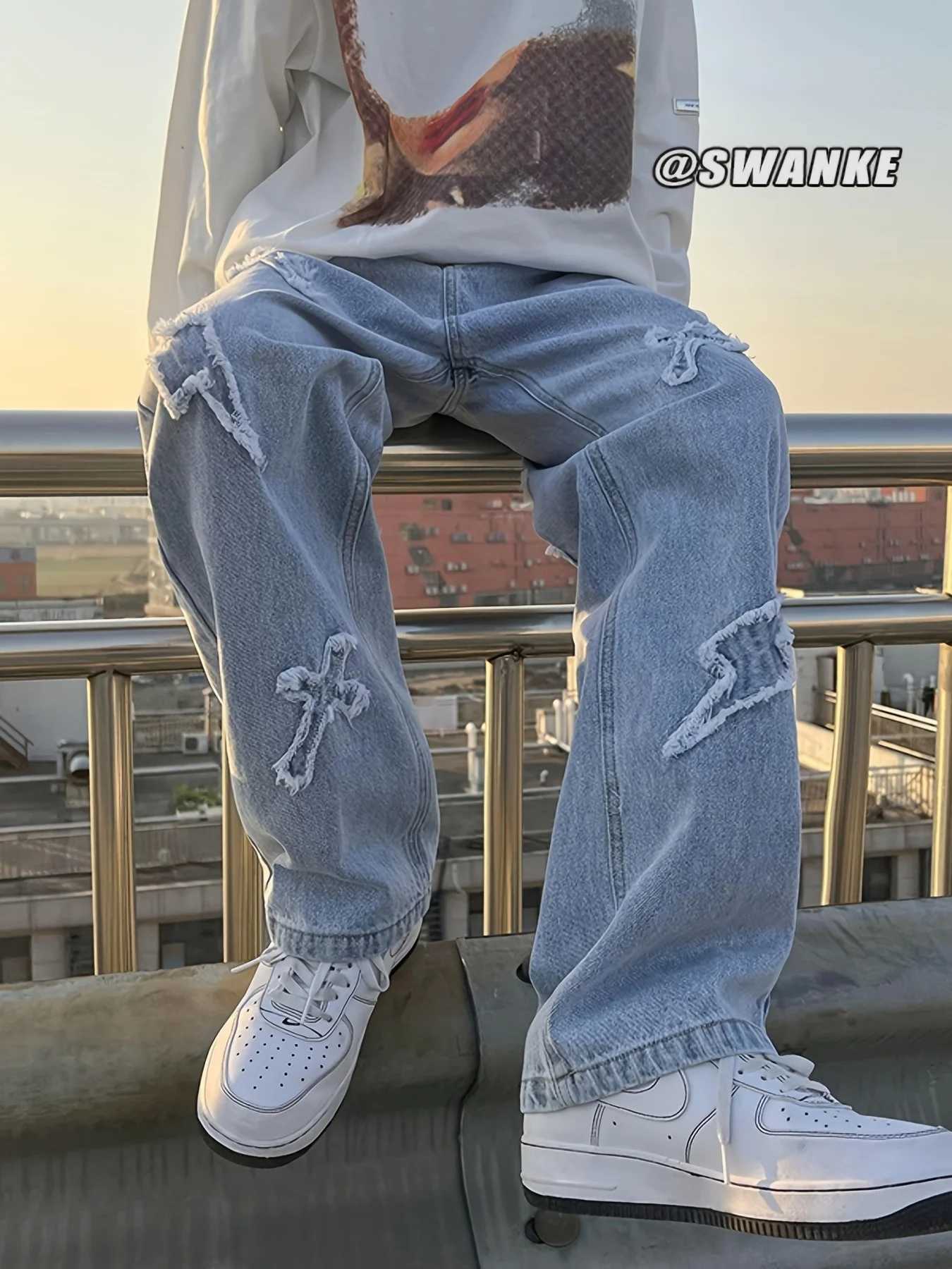 Mens jeans patch lightning jeans mens loose jeans worn-out jeans M260319