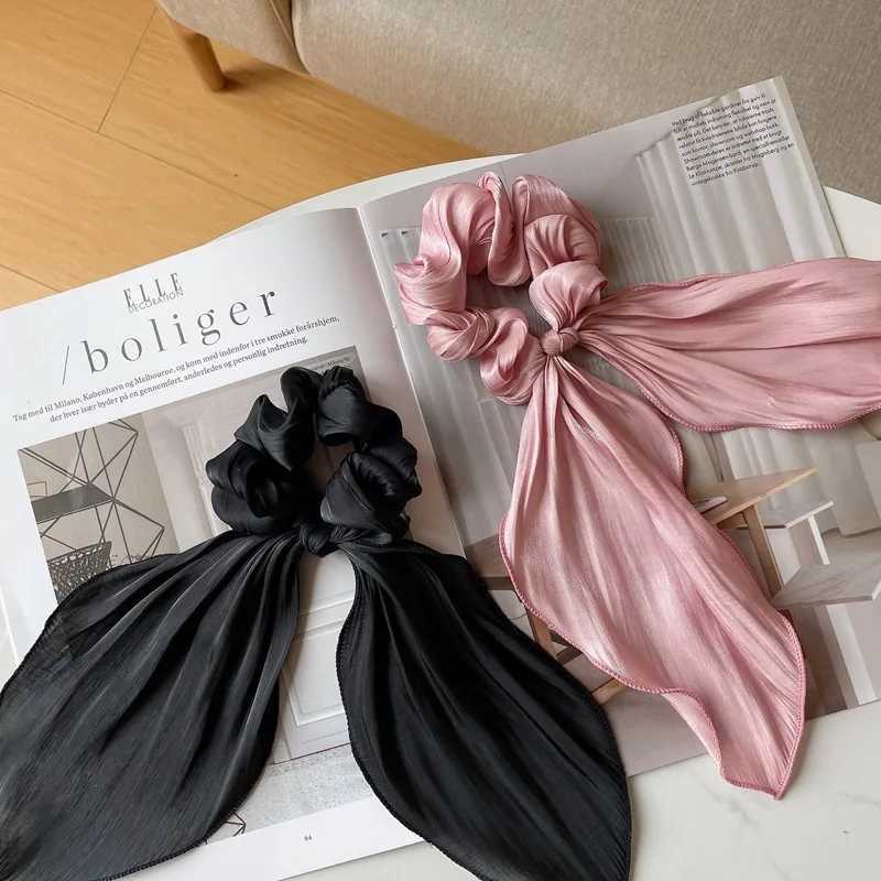 Satin Bow Long Ribbon Scrunchies Elastic Hair Bands Women Girls Ponytail Holder Hair Ties Solid Headband Hair Accessories H260319