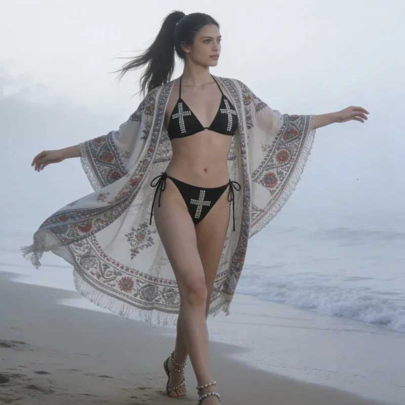 Summer Y2K Streetwear Cross Studded Bikini Set Women Halter Triangle Top Tie Side Bottom Two Piece Swimsuit Bathing SuitT260318