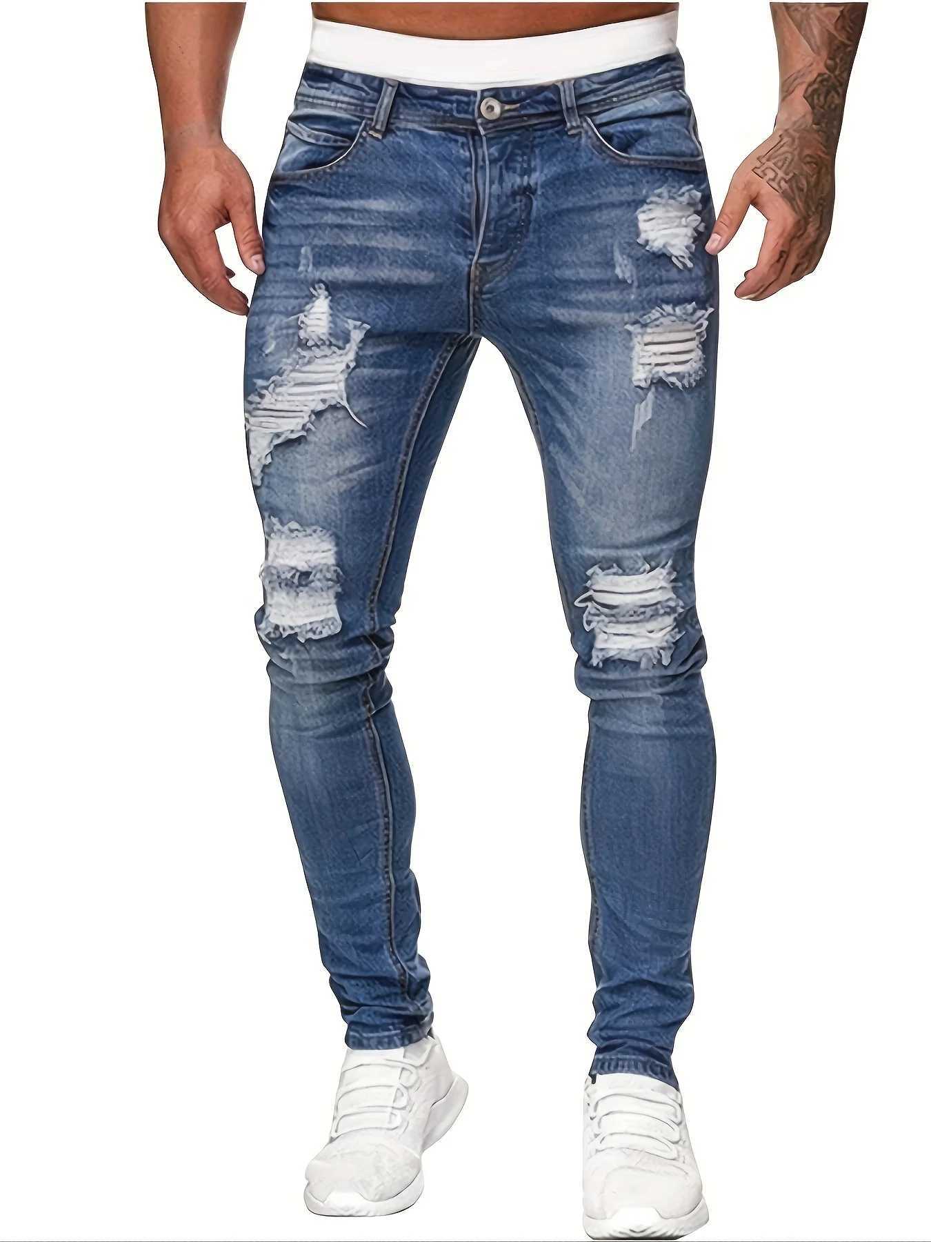 Mens Slim Fit Ripped Straight-Leg Jeans Slim Stretch Jeans Versatile Street-Style Jeans M260319