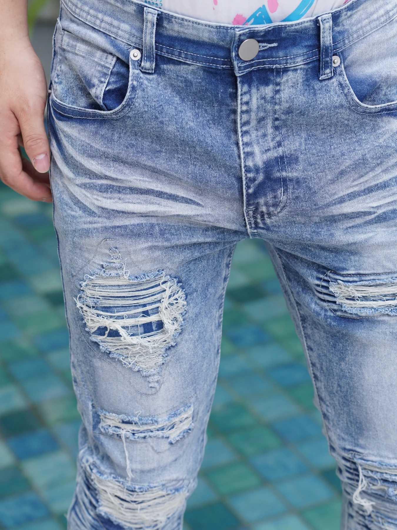 MenS Wide Leg Jeans Distressed And Patched Style New Arrivals For Summer Breathable And Cool Promotion With Free Shipping M260319