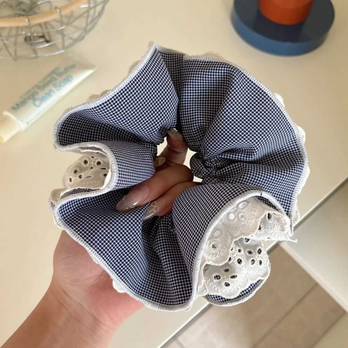 1pc Korean plaid lace double-layer square scarf large intestine scrunchie temperament versatile bun and ponytail hair rope H260319