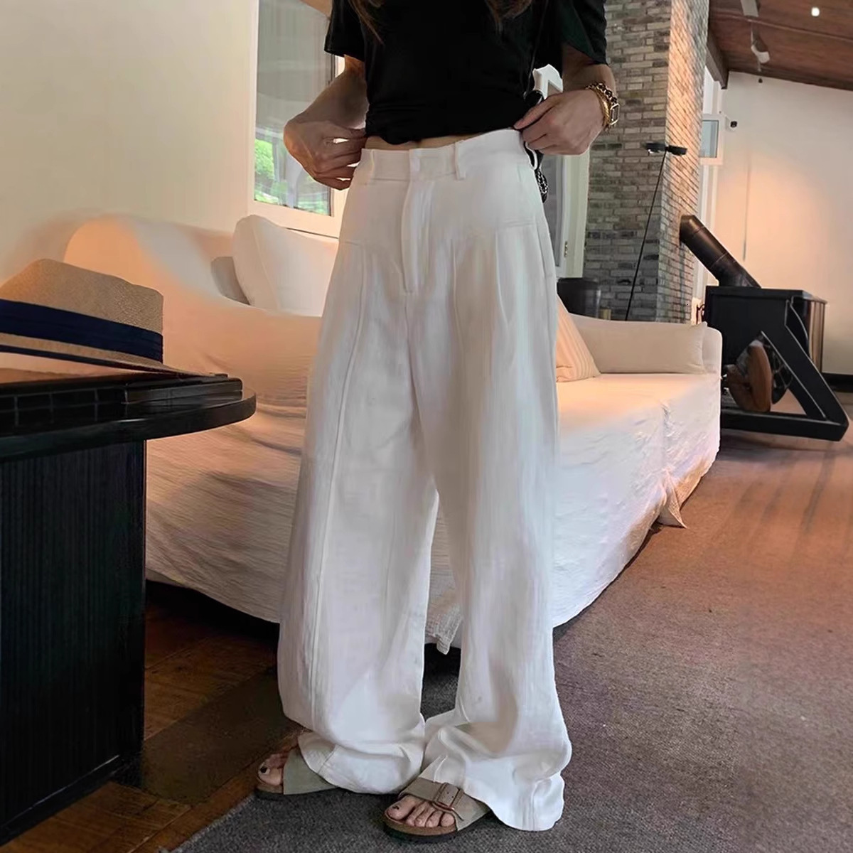 Designer Luxury Old Money Style Linen Ramie Wide-leg Pants For Women Essentials Summer Thin Essential Shorts High-waisted Slimming Loose Lazy Suit Str