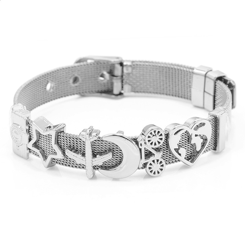 Charm Bracelets DINGLLY Two tone Stainless Steel Mesh For Women Men Golden Love Heart Beaded 10mm Ribbon Bracelet Bangle Gifts 230424