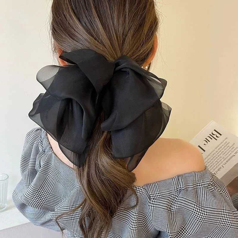 Black Beige Khaki Oversize Bow Hairpin for Women Cute Net Yarn Bowknot Ribbon Clip Hair Clip Korean Chiffon Hair Accessories H260319