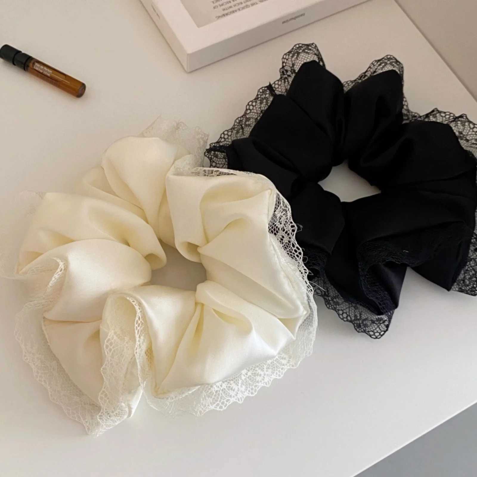 1PC Black and White Satin Hair Ties Lace - Trimmed Scrunchies Elegant Hair Accessories for Womens Daily Styling H260319