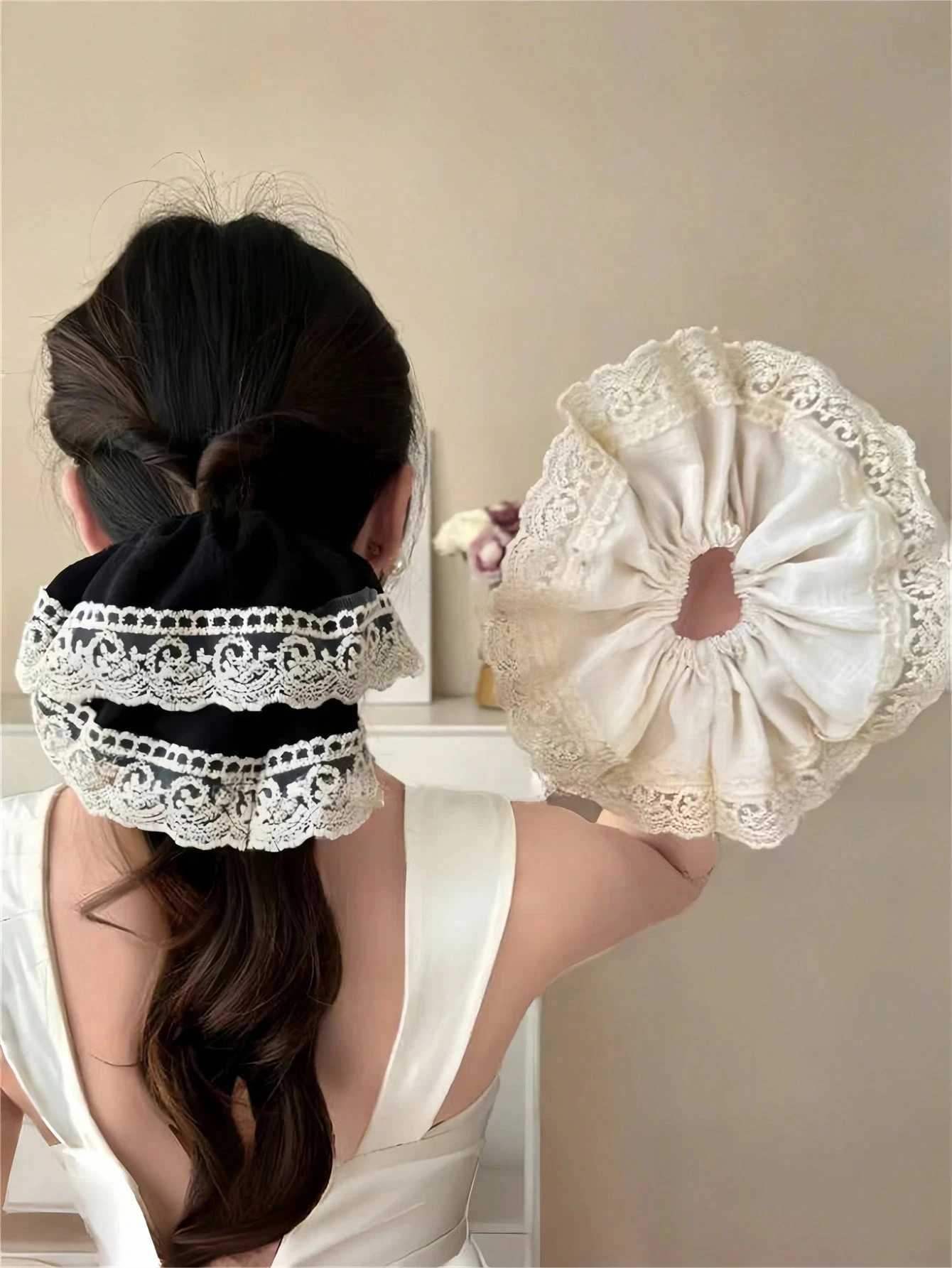 1/3Pcs Women Elegant Solid Color Pleated Double-Layer Lace Ruffle 28cm Super Large Hair Scrunchie Bohemian Style For Ponytail H260319