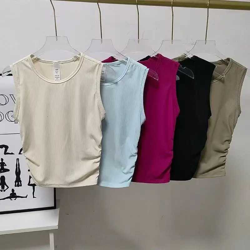 Womens Summer Nude I-Shaped Yoga Sports Vest Slimming Quick Dry Pleated Top for Fitness And Sports Activity Z20260319